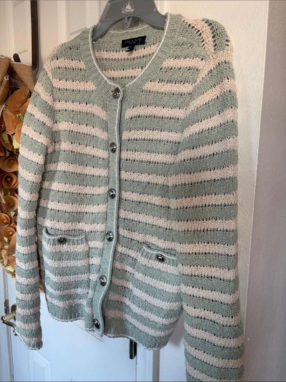 New Rag & Bone Jace Striped Cotton Lady Cardigan Green Cream $398